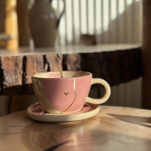 Filiżanka ZŁOTE SERCE ciemny róż